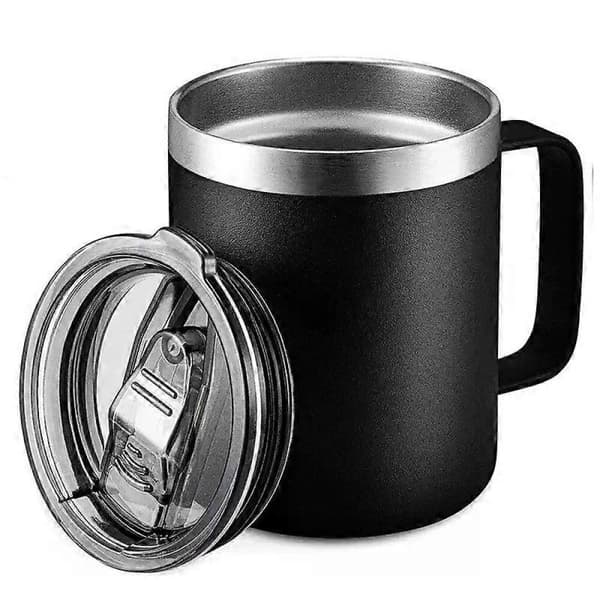 (Sort) 12Oz kaffekrus i rustfrit stål med håndtag og skydelåg