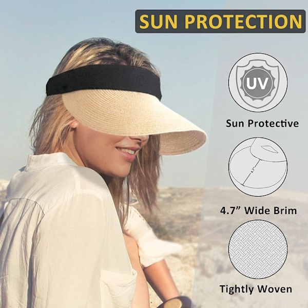 Kvinners Solhatt i Halm med Bred Bremm, Sommer UV-beskyttelse Strandlue, Foldbar, Koreansk Stil