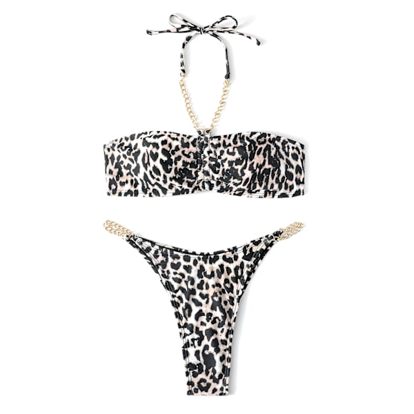 2-delad Baddräkt Guld Kedja Rem Push Up Bikini Set för Kvinnor Tjej Poolpartyn Leopardtryck S