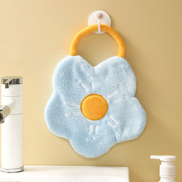 Towel Double Layer Coral Fleece Flower Shape Strong Absorption Ability Soft Hanging Hand Towel Light Blue