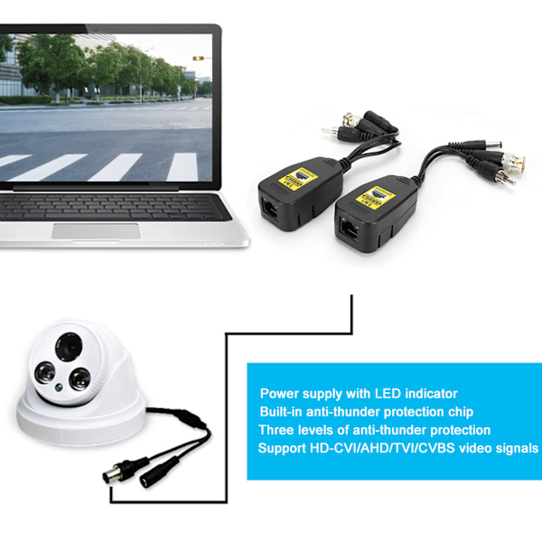 2 paria 3-in-1 PowerVideoAudio Balun-liitinlähetin 8MP CVi AHd TVi CVBS