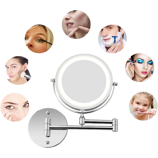 Vægmonteret Makeupspejl, 10X Forstørrende Tosidet LED Belyst Vanity Spejl til Badeværelse, 360° Roterbar, USB Genopladelig og 7 Tommer Udtrækkelig