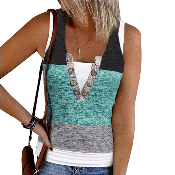 Dam Fejk Tvådelad Tank Top Sommar Vardaglig Elegant Färgblock Knapp Ärmlös Skjorta för Kontorsarbete Cyan M
