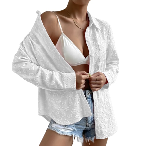 Dam Blus Knapp Långärmad Kavaj Jacquard Elegant Enfärgad Skjorta med Fickor Vit S