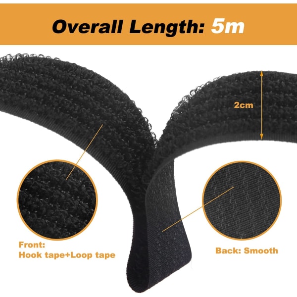 5m justerbare kabelstropper med 25 løkker, sorte genanvendelige kabelbind, velcro-fastgørelsesstrop til kabelstyring (5m x 2cm, sort) longziming
