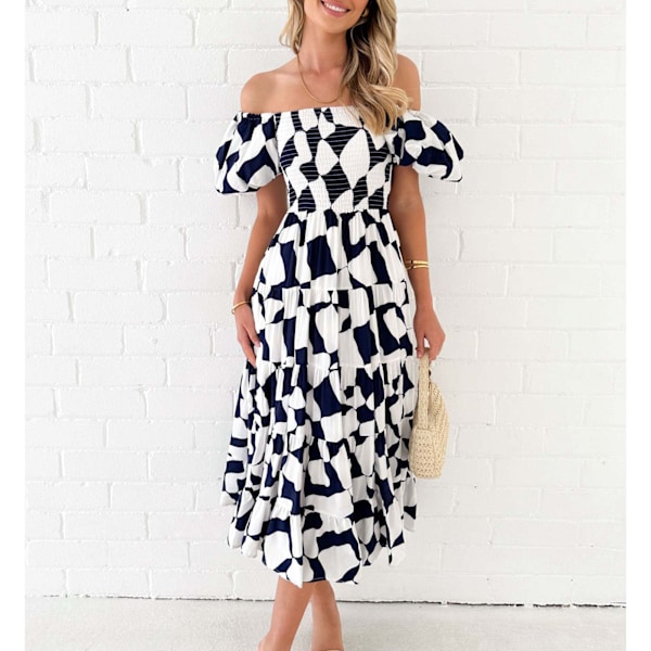 Off Shoulder Lång Klänning Puffärm Volangfåll Off Shoulder Rynkad Tryckt Klänning för Kvinnor Svart Vit Grafisk M