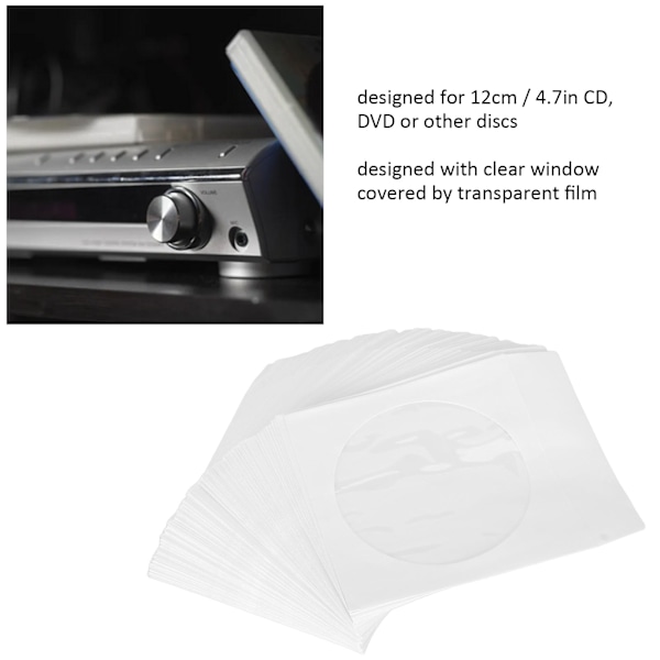 100 stk. CD-lommer 4,9 tommer brede klare vinduer Støvsikre tykke genanvendelige CD-konvolutter til 12 cm 4,7 tommer DVD-diske