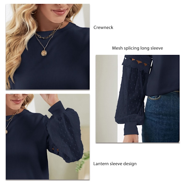 Dam Långärmad Tröja Lykta Långärmad Rundhalsad Mesh Splicing Lös Topp för Dam Marinblå S