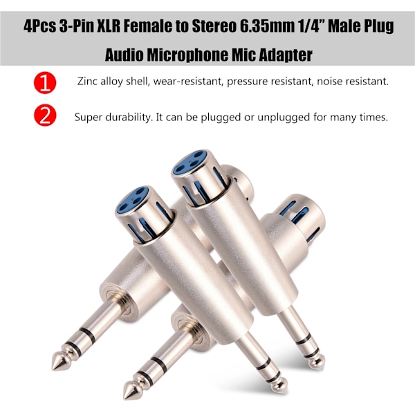 4 stk 3-pin XLR hunn til stereo 6,35 mm 1/4\" plugg lydmikrofonadapterkontakt