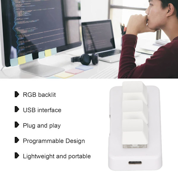 3-näppäiminen näppäimistö RGB-taustavalaistuksella, 3 näppäintä, USB-liitäntä, Mini-mekaaninen ohjelmoitava Plug and Play -makronäppäimistö tietokoneelle, valkoinen