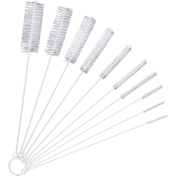 Rengöringsborste, 10-pack flaskborste för kök, vattenkokare, tekanna, spruta, munstycke, rör, bil, tangentbord, nylon, 10 vita, 200 mm