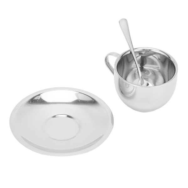 Kaffe Mugg Rostfritt Stål Dubbelskikts Isolering Mjölk Mugg med Sked Fat Underlägg Hushåll(Silver 180ML)