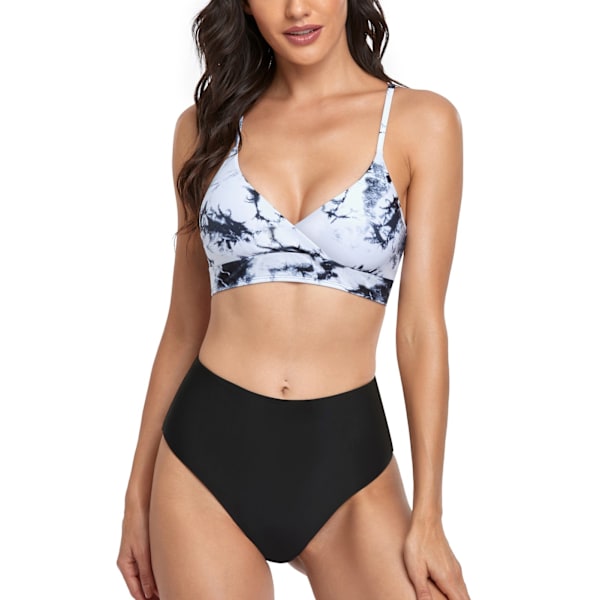 Delad Bikini Tie Dye Tryck Hög Midja Elastisk Andningsbar Bekväm Baddräkt för Strand Svart M