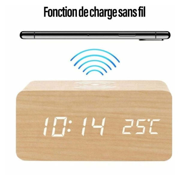 Digital väckarklocka i trä med snabb trådlös laddare, justerbar ljusstyrka, för ett elegant och funktionellt sovrum (Brun)