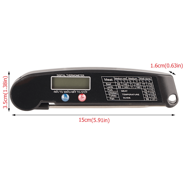 LCD digitalt mat- og kjøtttermometer med sammenleggbar sonde for kjøkken, matlaging, grill og BBQ
