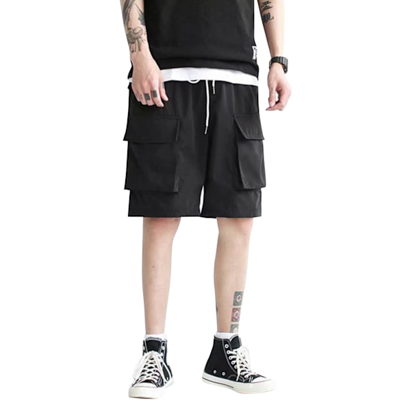 Herr Sommarshorts Multipla Fickor Dragsko Knälång Lös Passform Trendiga Casual Strandshorts Svart XL