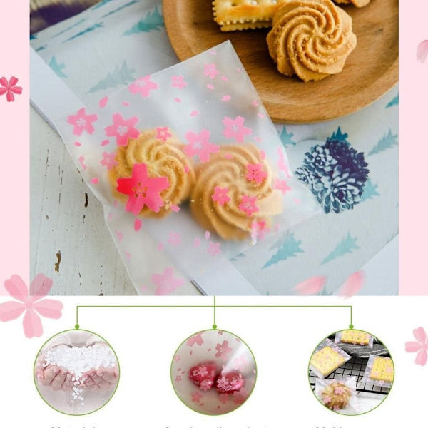 100 st/förpackning Blommönster Bröllop Plast Cookie Biscuit Candy Bag (Oriental Cherry 7 x 7cm )