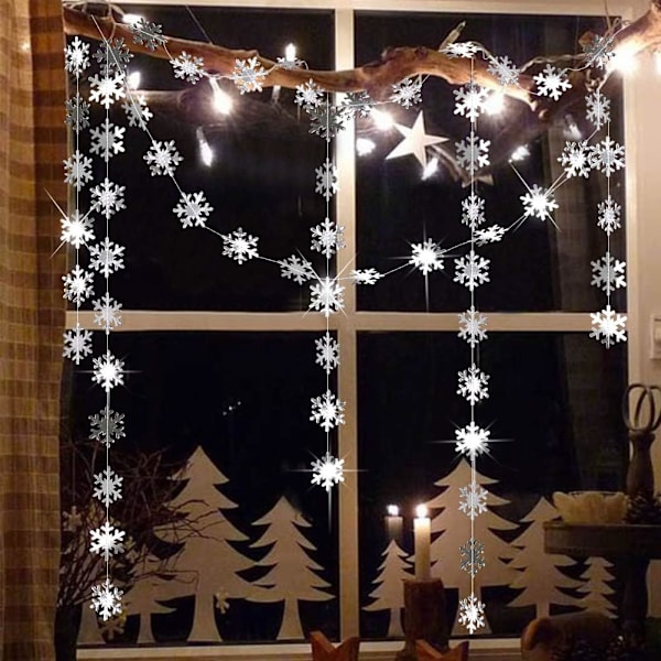 Återanvändbar dekor med frostig känsla, elegant silver snöflinggirlang för vinterlandskapsdekorationer, förmonterad bling bling-effekt för upphängning