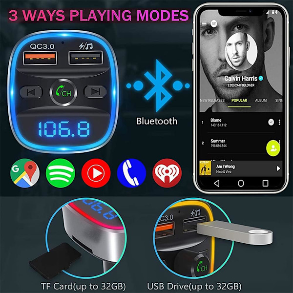 Revolutionerande bilstereoförbättrare, Bluetooth 5.3 FM-sändare med snabbladdare, lyft din underhållningsupplevelse i bilen, dubbla USB-portar,
