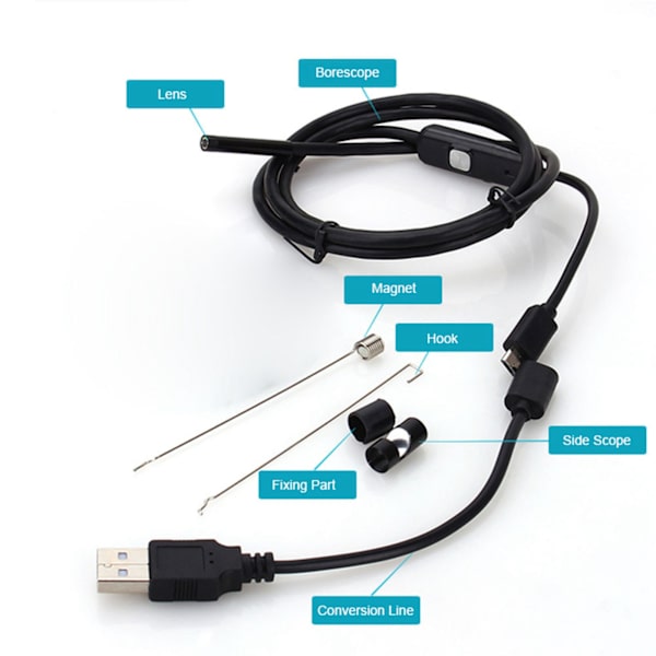 7mm fokuskameraobjektiv 2M vattentät 6 LED Android endoskop mini USB-kabel endoskop
