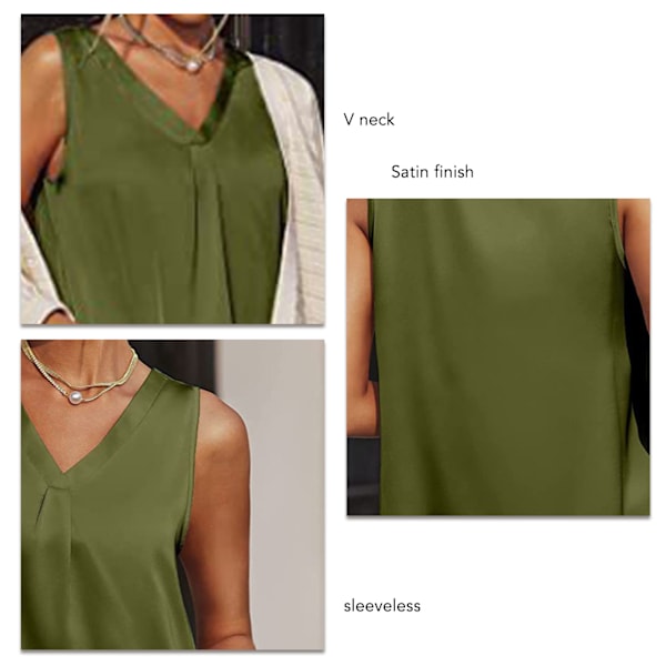 Dam V-ringad Tank Top Enfärgad Satinfinish Trendig Ärmlös Satin Enfärgad Topp Olivgrön XL