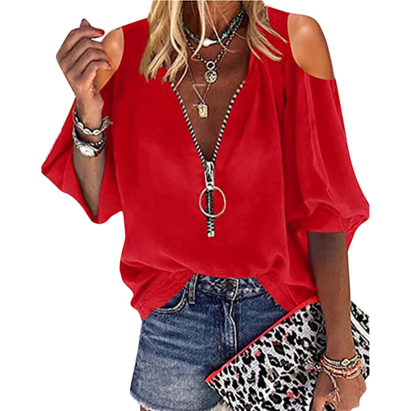 Dam Cold Shoulder Topp V-ringning Dragkedja Halv Ärm Casual Lös Passform Blus Röd XL