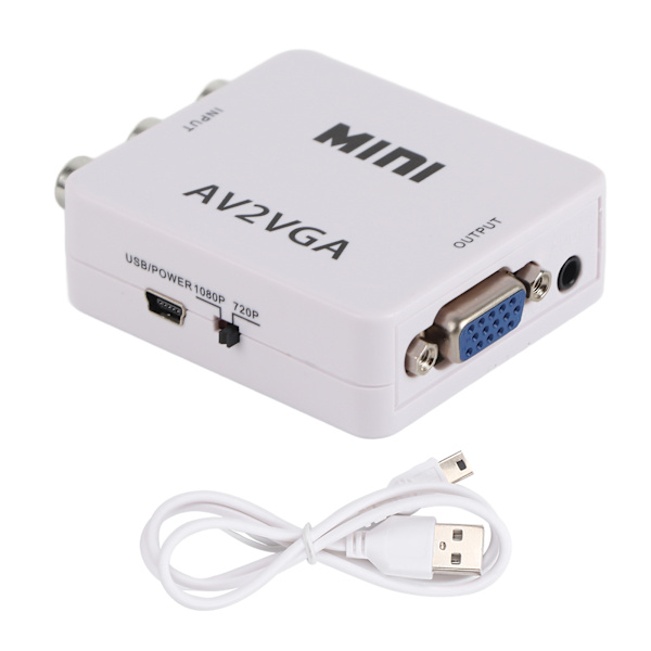 480P Mini Composite AV VGA-sovitin TV-digiboksi Audio Video -muunnin (valkoinen)