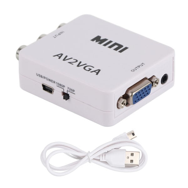 480P Mini Kompositt AV til VGA Adapter TV Set Top Box Lyd Video Konverter (Hvit)