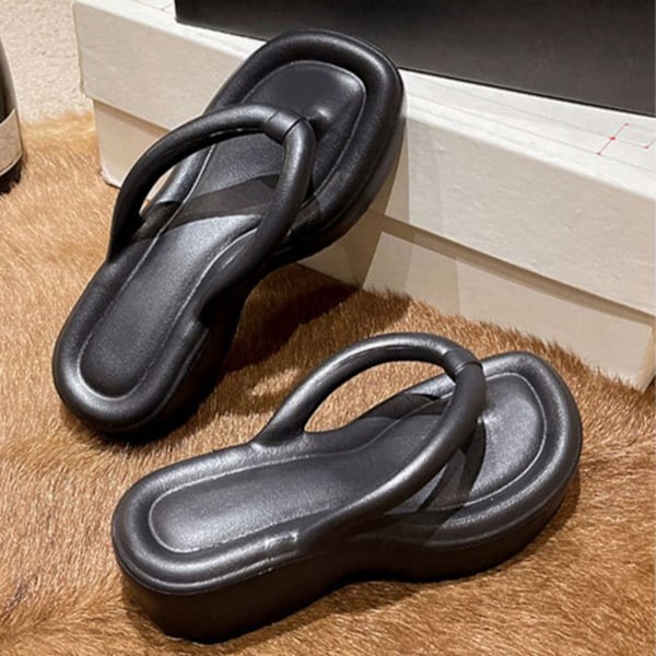 Kvinners Tanga Flip Flop Tykke Såler Buestøtte Sklisikre Strand Tanga Sandaler for Sommer Svart 37/38