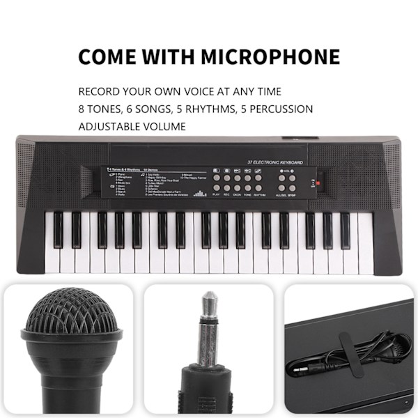 Elektrisk keyboard 37-tangenters piano barneinstrument leketøy mikrofon opptaksfunksjon