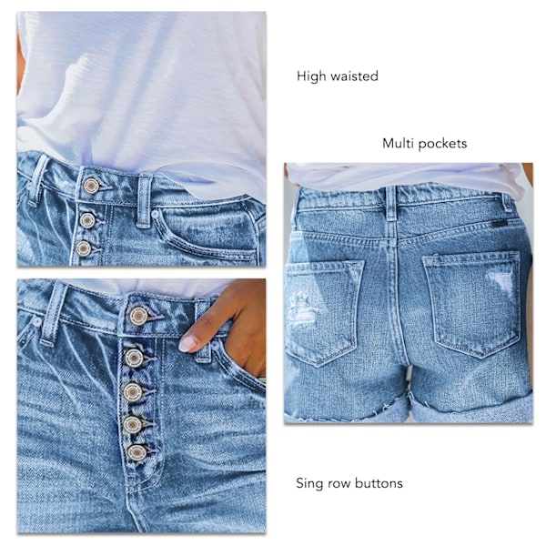Dam Casual Distressed Shorts Stretchiga Hög Midja Enkel Knapprad Muti Fickor Shorts Ljusblå L