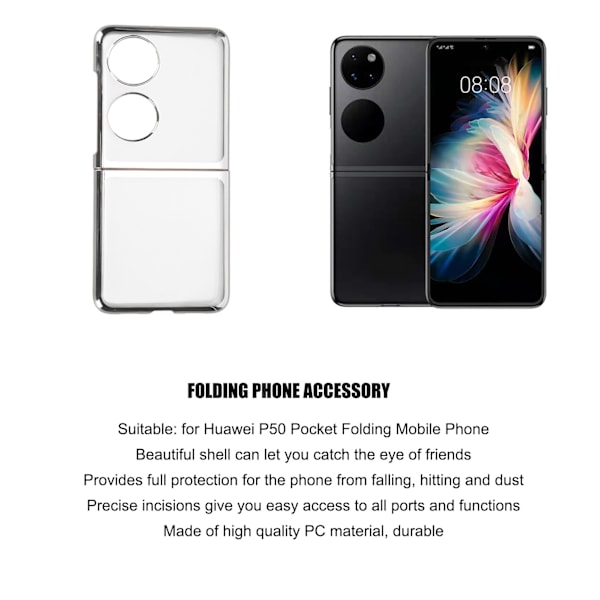 Sammenleggbar mobiltelefonbeskyttelse, galvanisert PC-telefondeksel for Huawei P50 Pocket mobiltelefon, sølv