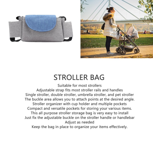 Barnvagn Multi Pocket Förvaringsväska Justerbart Spänne Handvagn Hängande Väska Multi Pocket Barnvagnsväska Grå Blå