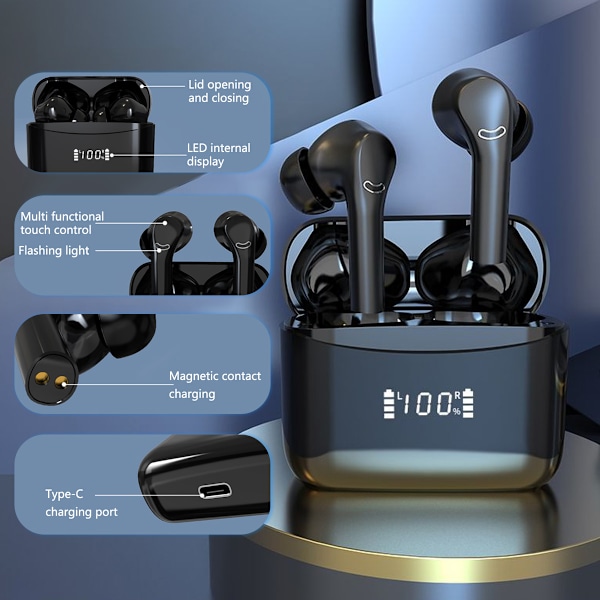 Anpassningsbar ljudresa, trådlösa hörlurar med AI-förbättrade tydliga samtal, Bluetooth 5.3, smart touch-kontroll, LED-effektindikator, 36 timmars speltid