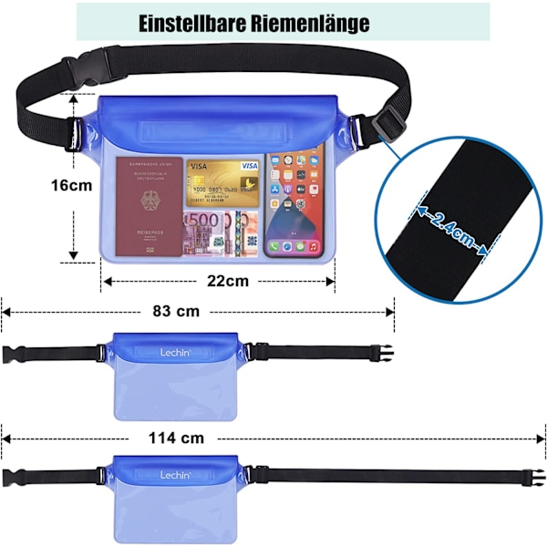 2-pack transparenta vattentäta påsar med justerbar vattentät väska, IP68 vattentät telefonväska, vattentät midjeväska för strand, vattensporter, simning,