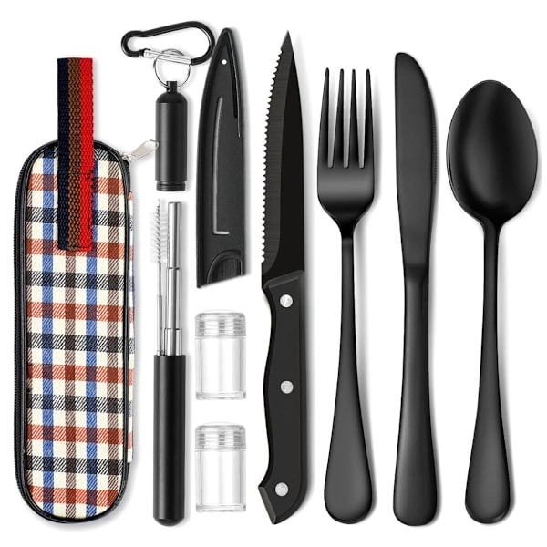 Bärbar resebestickset, resecampingbestickset, återanvändbar bestickset i rostfritt stål med fodral för kontorsskola picknick