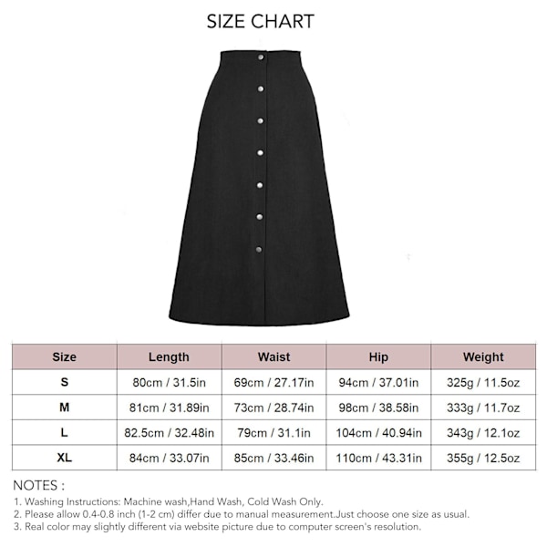 Corduroy Long Skirt Cinched High Waist Slim A Line Mid Length Button Front Split Hem Skirt for Autumn Winter Black M