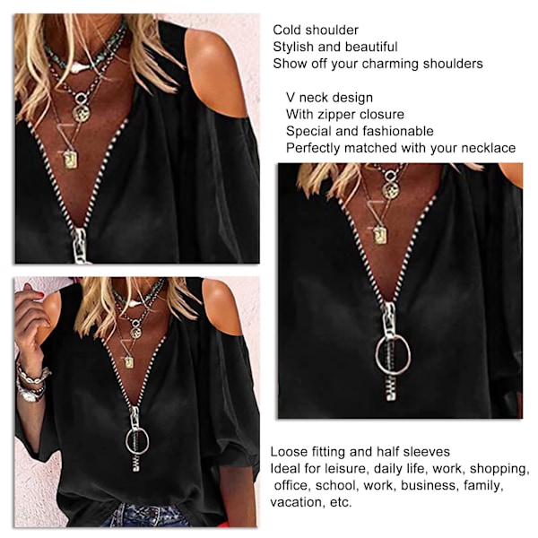 Dam Cold Shoulder Topp V-ringning Dragkedja Halv Ärm Casual Lös Passform Blus Svart M