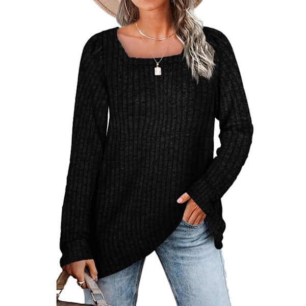 Dam Långärmad Casual Topp Kvinnlig Fritid Enfärgad Topp för Shopping Arbete Svart XL