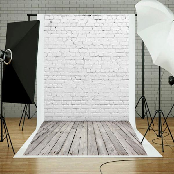 Hvit mursteinvegg med tregulv fotobakgrunn Vinyl fotobakgrunn Stoff Fotostudio Fotografering rekvisita 1,6x2,3yd