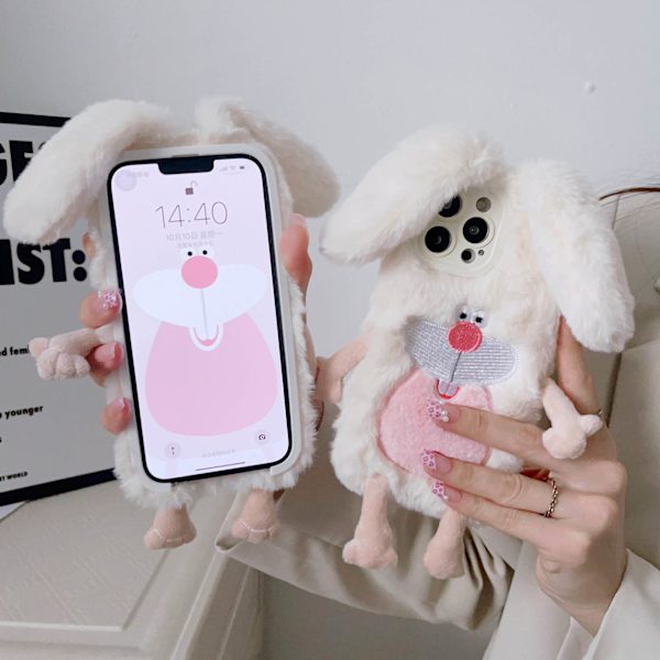 Pehmeä ja pörröinen söpö pupun suojakotelo iPhoneen, tytöille ja naisille, talvikanin suojakotelo iPhone 14 Pro Maxille