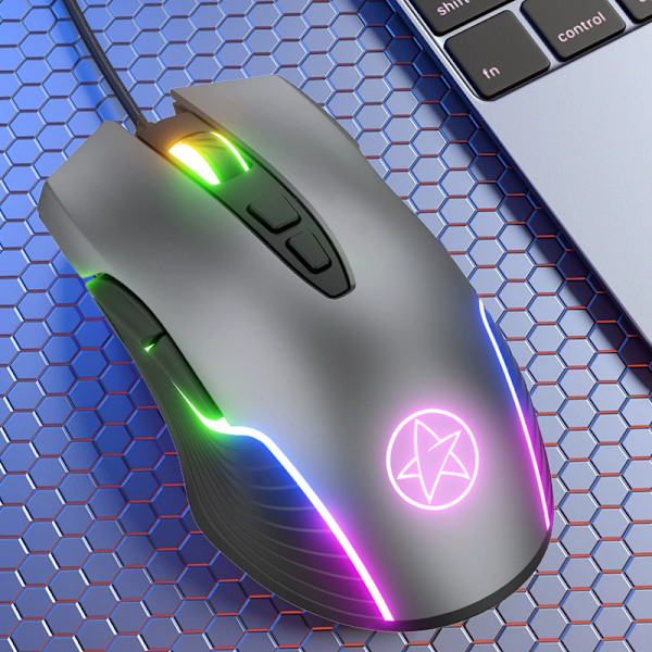 RGB-bakgrundsbelyst optisk gamingmus, Plug and Play, Typ C-kompatibilitet, Justerbar DPI upp till 6400, Snabb tumfunktion för moderna enheter
