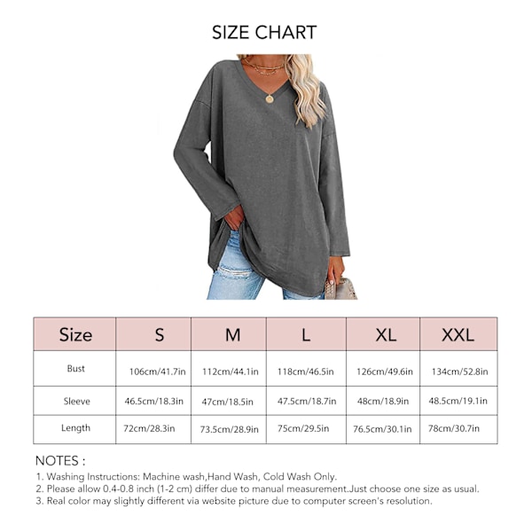 Dam Långärmad T-shirt Oversized V-ringad Enfärgad Andningsbar Mjuk för Daglig Användning Mörkgrå M