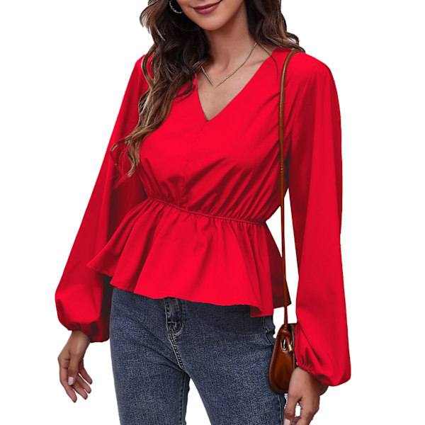 Dam V-ringad Blus Lykta Långärmad Smal Midja Volangfåll Enfärgad Elegant Casual Relax Fit Topp Röd S