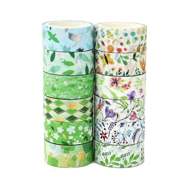 Blommigt Washi Tejp Set, 12 Livfulla Rullar för Konst och DIY-hantverk, Högkvalitativt Papper, Långvarig Färg, Elegant Presentförpackning, Skadar Inte