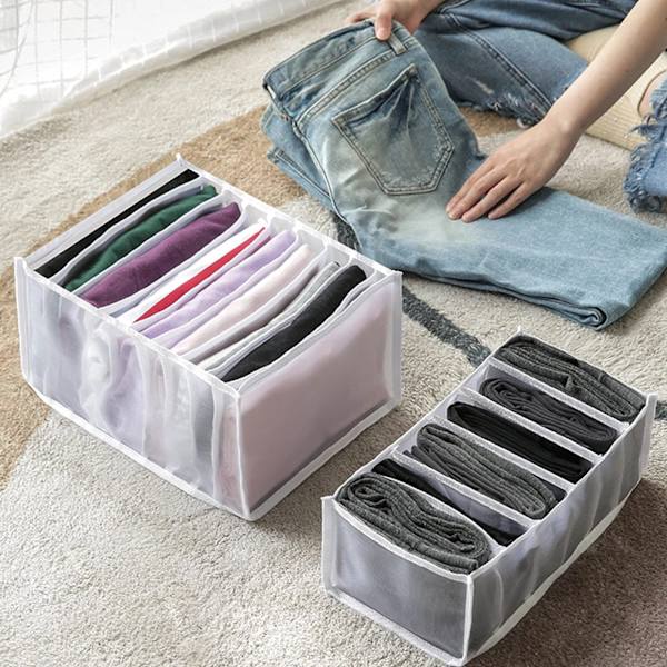 2 x Jeans Opbevaringsboks Skuffe Tøj Skuffe Mesh Divider Box Garderobe Tøjarrangør 7 Rum (Hvid, 36 x 25 x 20 cm)