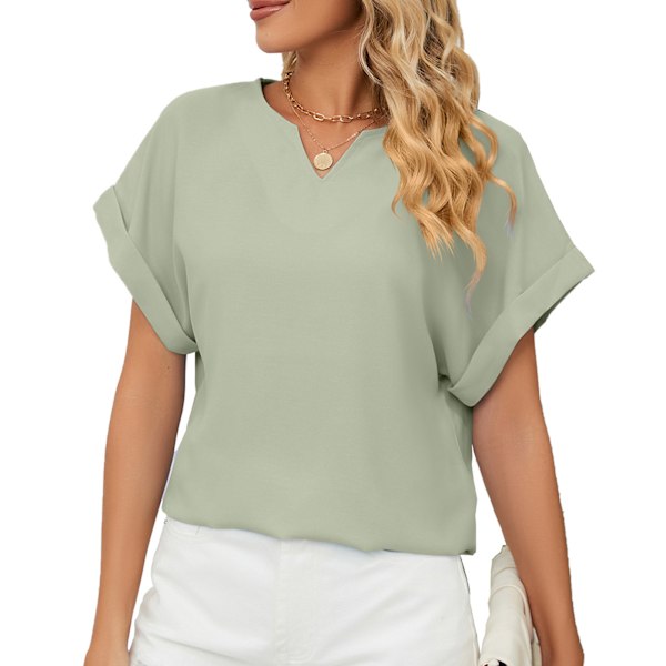 Enkel T-shirt Kort Batwingärm V-ringad Casual Sommartopp för Hemmajobb Shopping Ärtgrön XXL