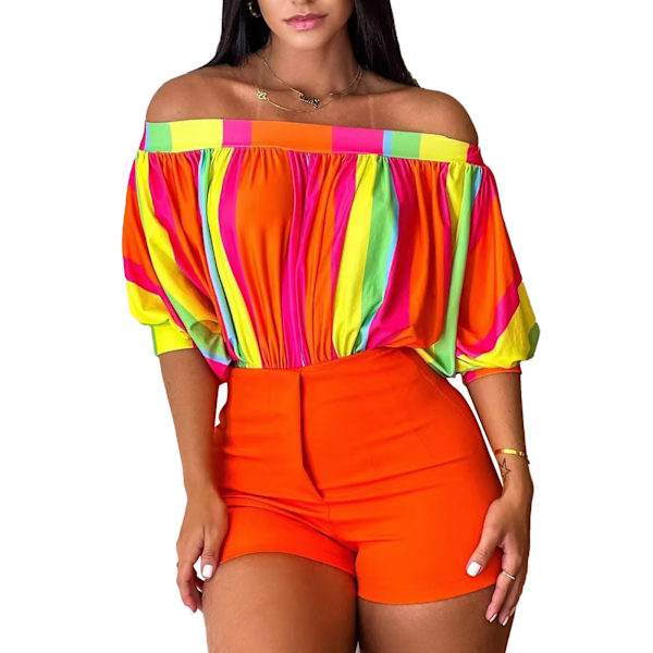 Fladdermusärm Topp Dam Off Shoulder Lös Rynkad Kort Flerfärgad Tryck för Sommar Orange Rand XL