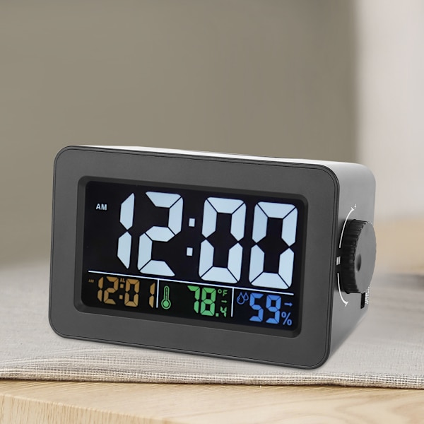Elektronisk väckarklocka med temperatur- och fuktighetsdisplay, ljuskontroll, laddningsport, 100-240V