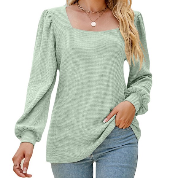 Dam Puffärm T-shirt Lös Enfärgad Tröja Kvinnlig Långärmad Casual Topp Grön XXL